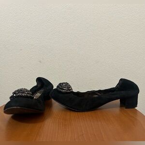 AGL Black Suede Metal Rosette Flat Heels 40 10 Leather Slip On Business Holiday